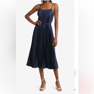 Sam Edelman Pleated Plissé Satin Slate Blue Midi Dress M